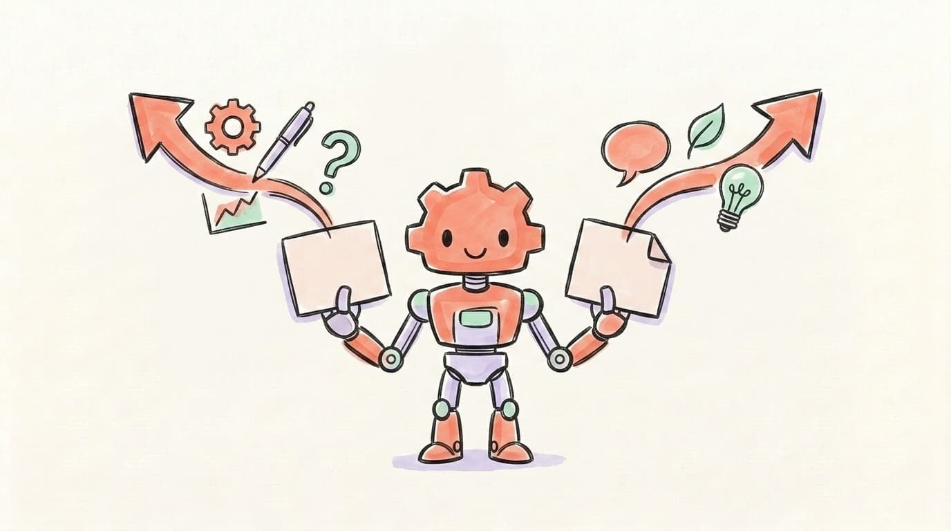 A friendly robot adapting one note into two tailored versions flowing out along two arrows