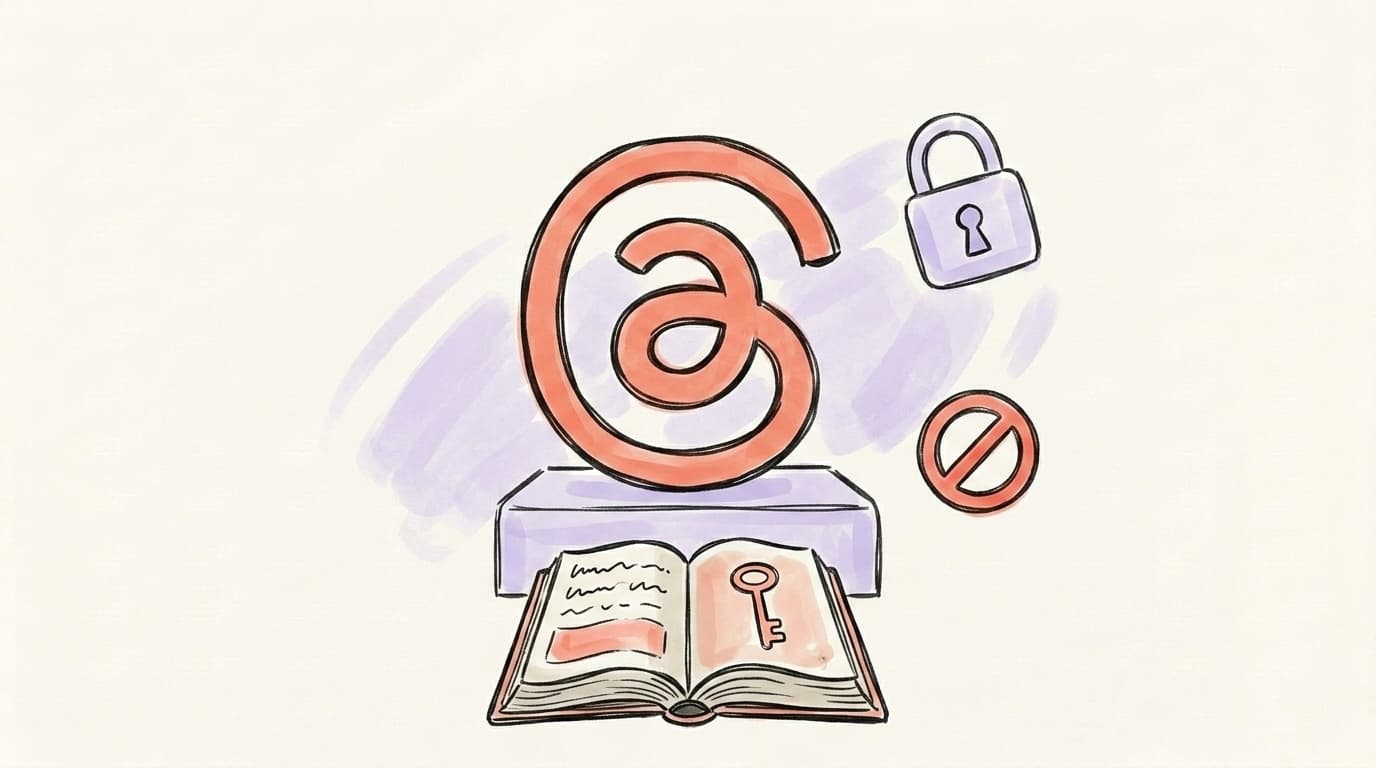 Threads logo on a policy rulebook pedestal with padlock and no-entry sign, illustrating Threads' adult content policy