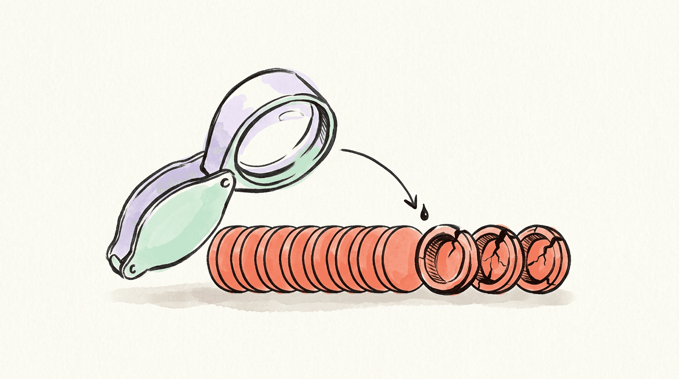 A lavender and mint jeweller's loupe angled over a row of stacked coral discs, the last three hollow and cracked