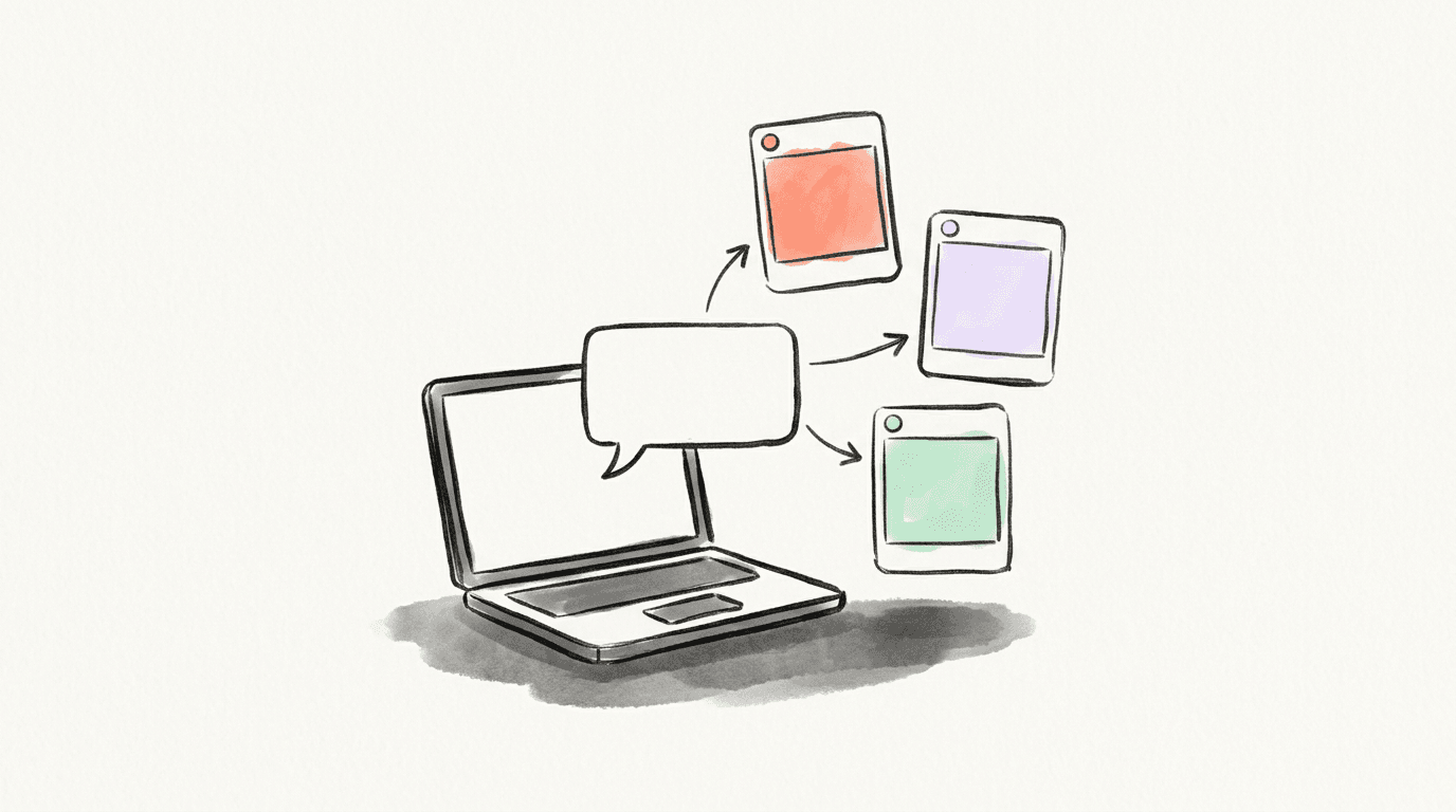 Hand-drawn laptop conversation connected to three blank social post cards