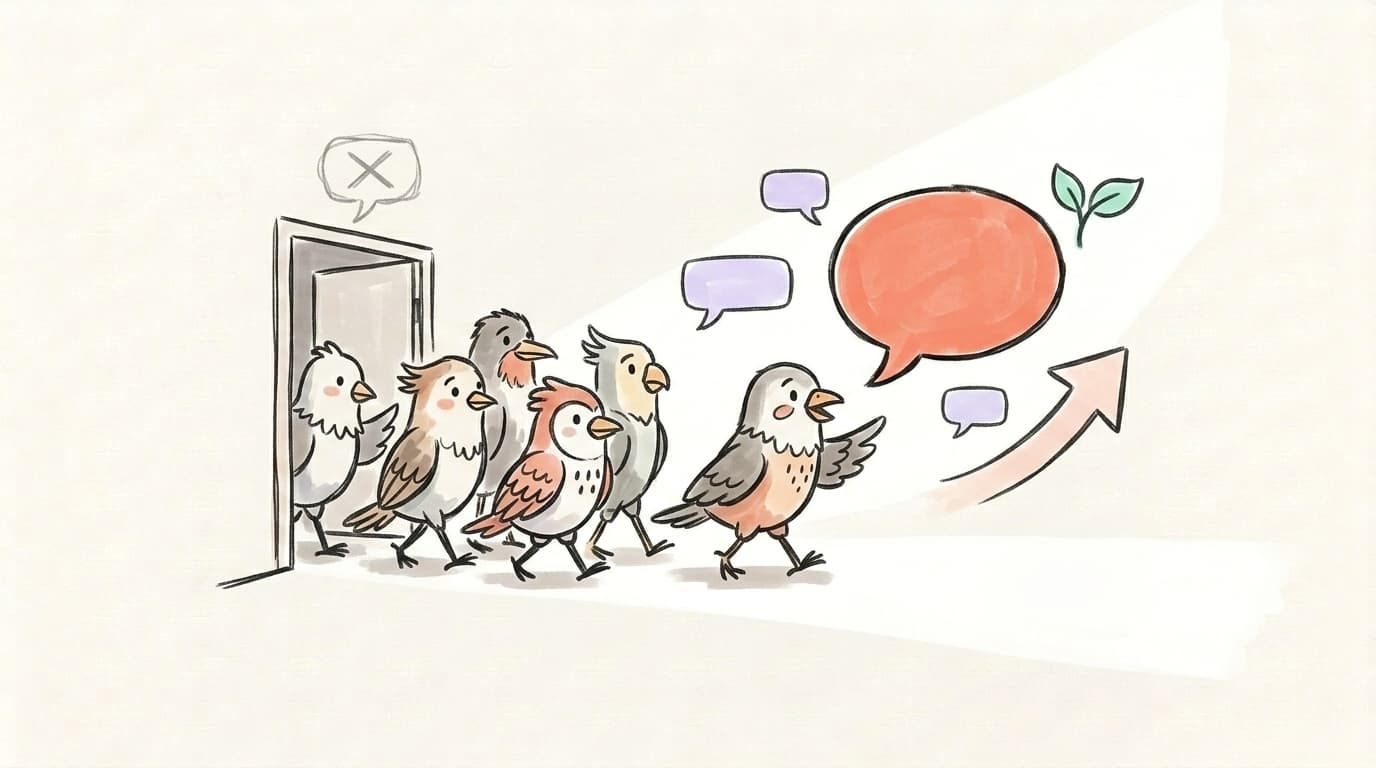A flock of bird characters leaving a closing X-labeled door and walking toward new speech bubbles and a rising growth arrow