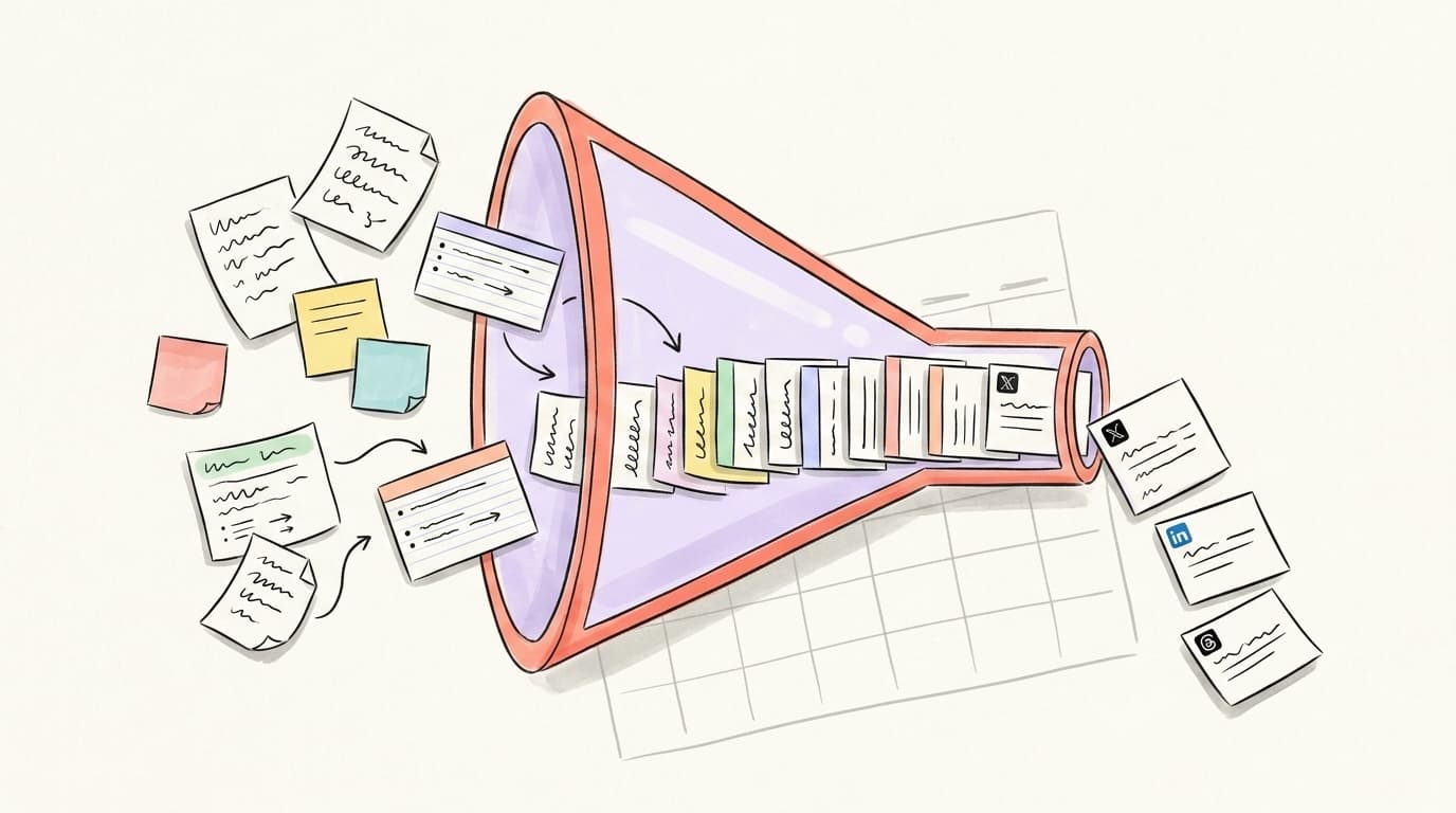 A funnel-shaped content pipeline turning scattered ideas into scheduled posts across X, LinkedIn, and Threads
