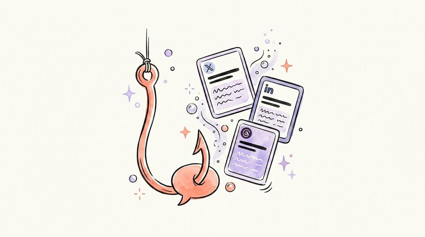 A fishing hook catching a speech bubble next to X, LinkedIn, and Threads feed cards, hand-drawn illustration
