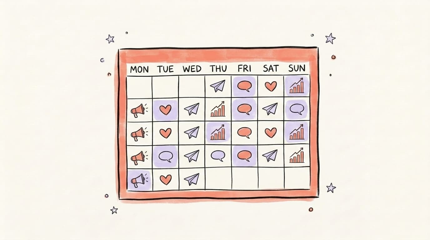 A hand-drawn weekly calendar filled with social media icons representing a varied posting cadence