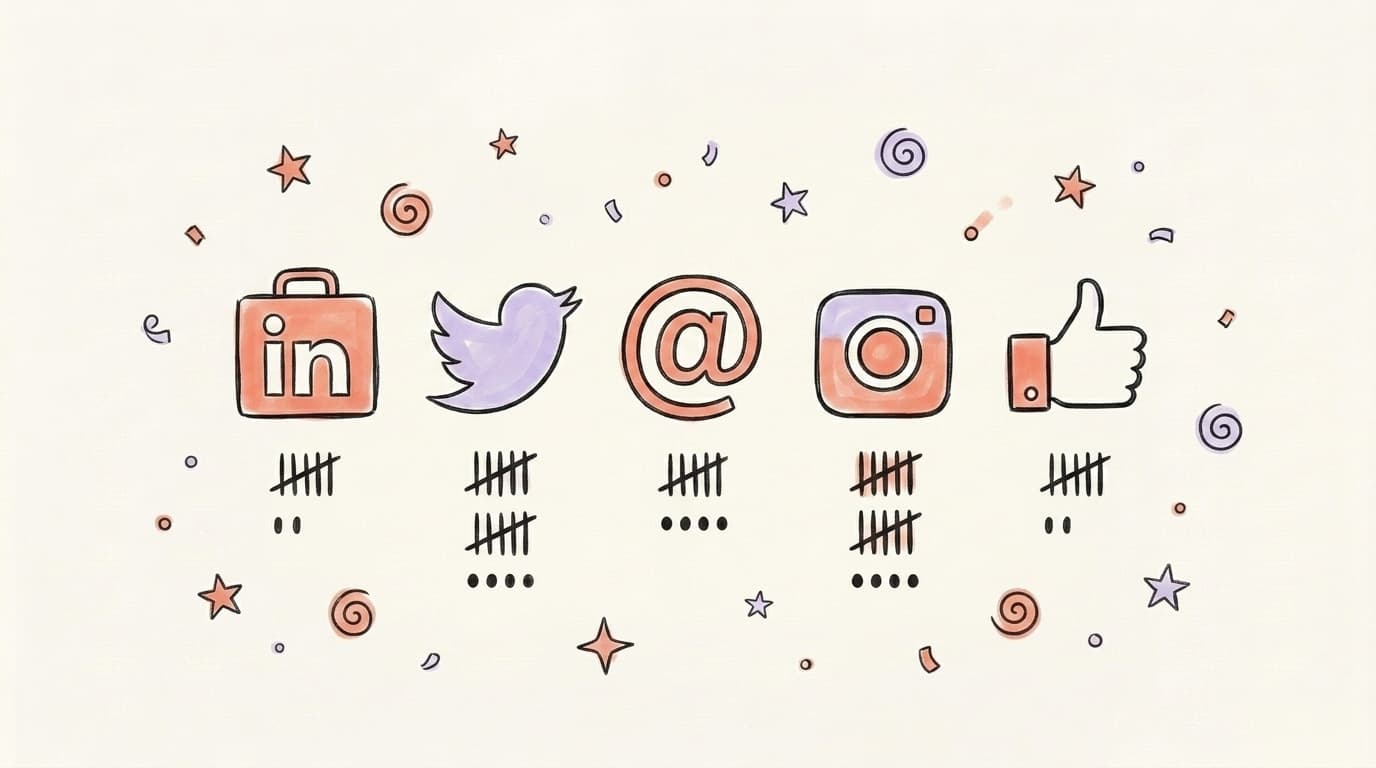 A hand-drawn row of social platform icons with tally marks underneath showing different posting cadences for LinkedIn, X, Threads, Instagram, and Facebook