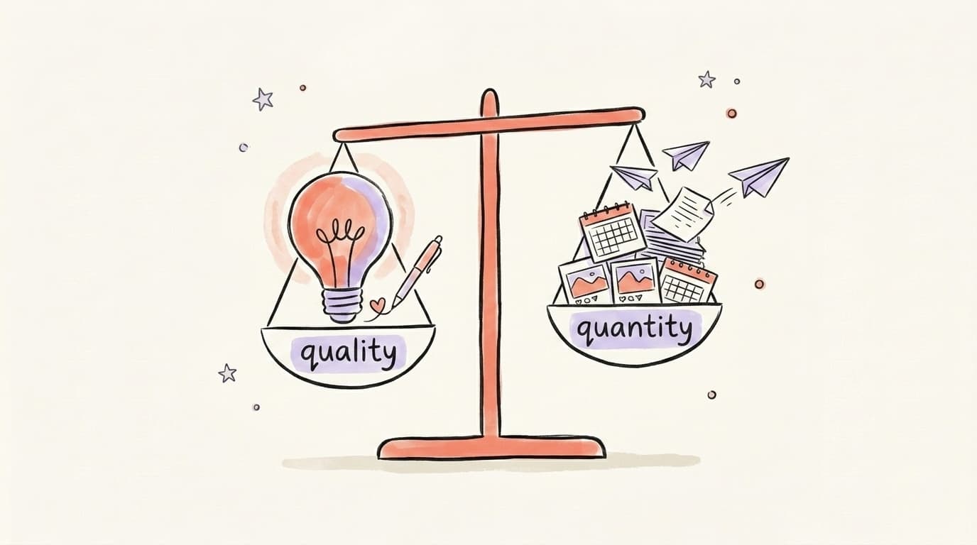 A hand-drawn scale weighing quality on one side and quantity on the other, with quality slightly tipping the balance