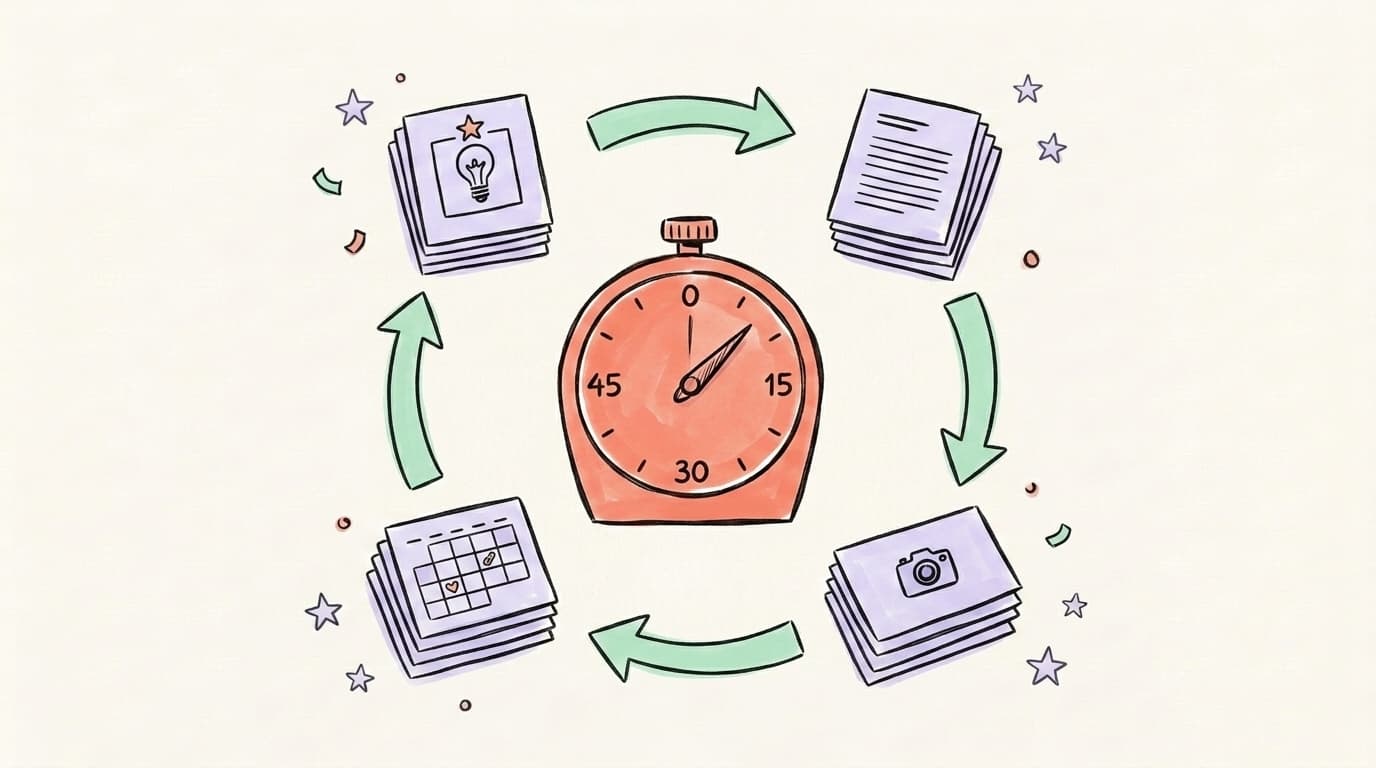 Four stacks of content cards arranged around a central timer — one stack per batch stage: ideas, writing, visuals, scheduling