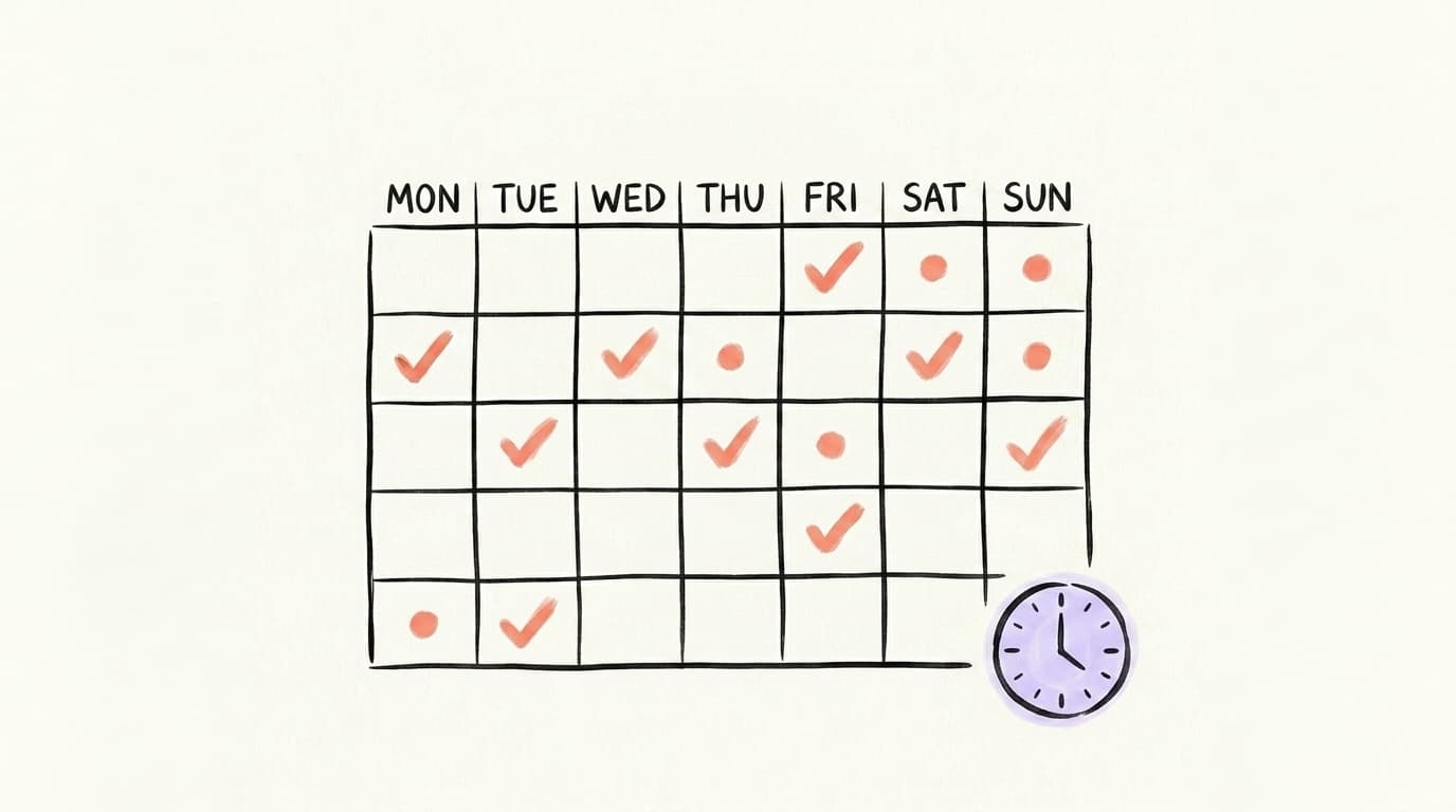 A weekly posting schedule grid with checkmarks and a clock