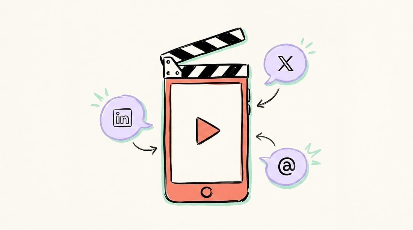 A hand-drawn smartphone framed like a film clapperboard with a play button, surrounded by speech bubbles for LinkedIn, X, and Threads