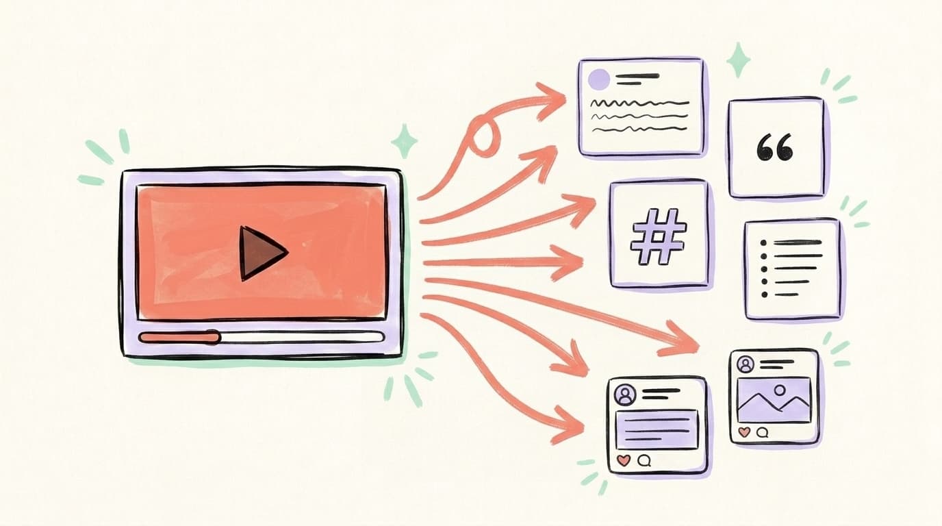 A central video icon with arrows fanning out to multiple smaller post cards — text, quote, hashtag, list, and feed posts