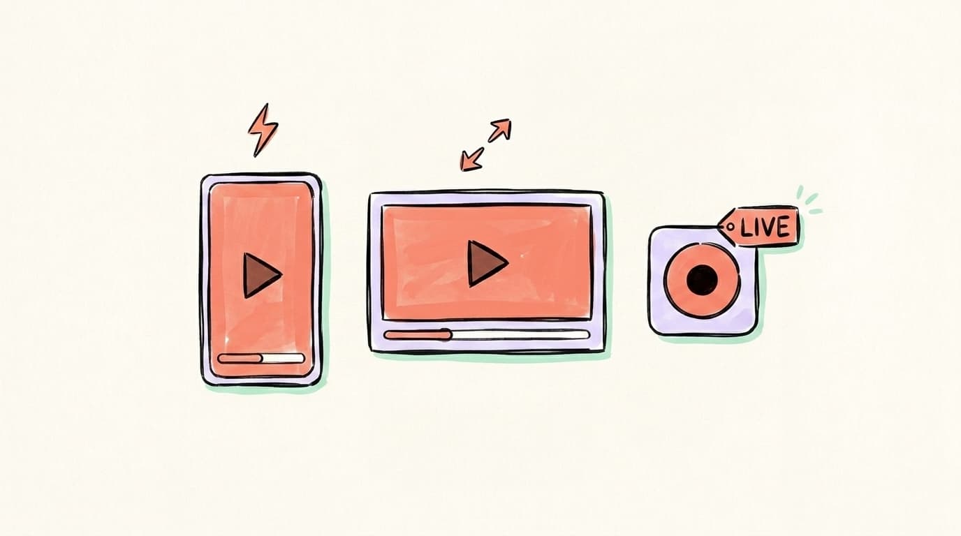 Three video format icons — vertical short-form clip, landscape long-form video, and a circular live-record badge