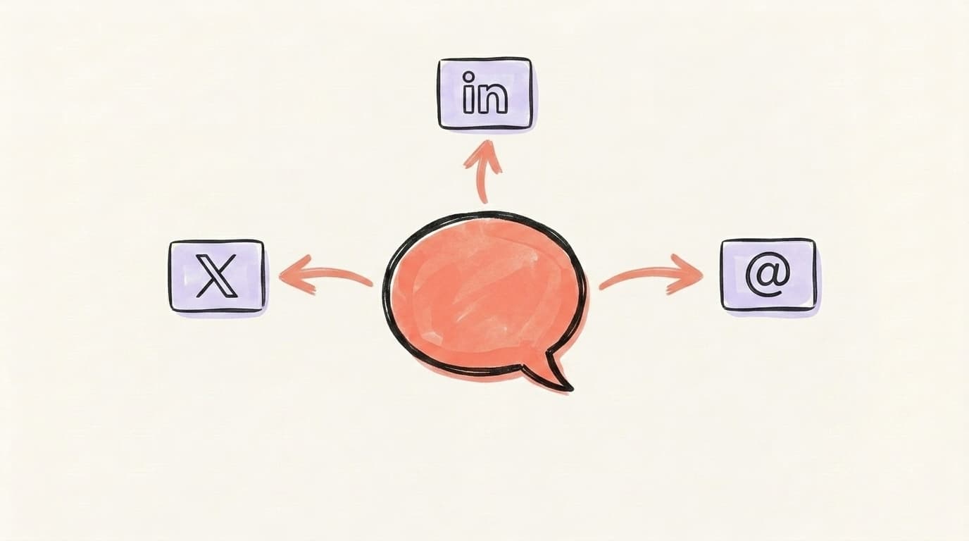 One speech bubble branching to LinkedIn, X, and Threads — cross-posting on social media