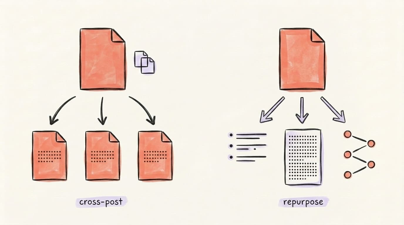 Cross-posting clones one post; repurposing reshapes it per platform