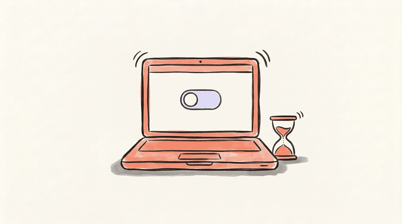 A laptop showing a settings panel with one switch turned off, an hourglass standing beside it