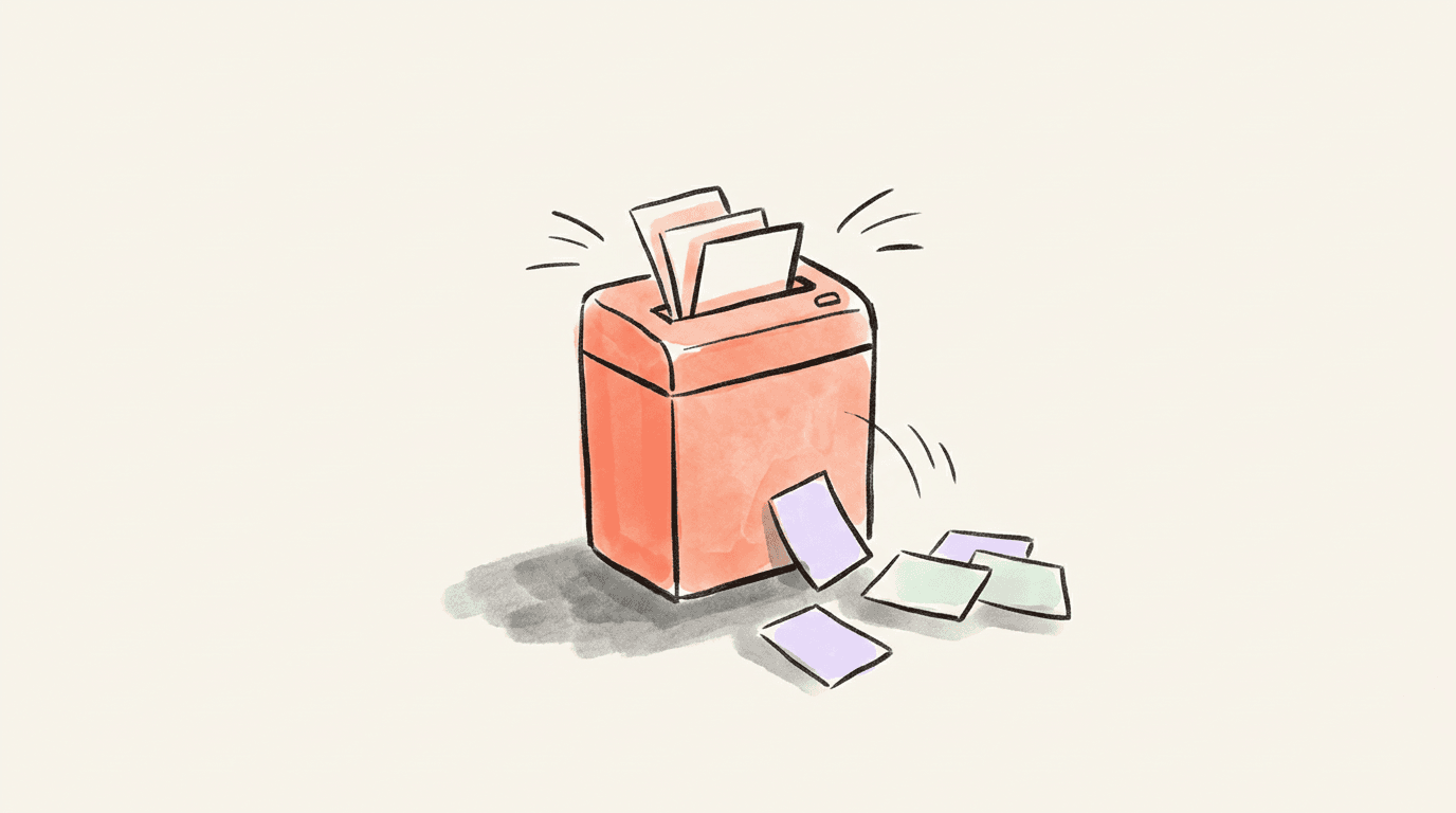 A paper shredder with blank cards going in and a few blank cards scattered beside it
