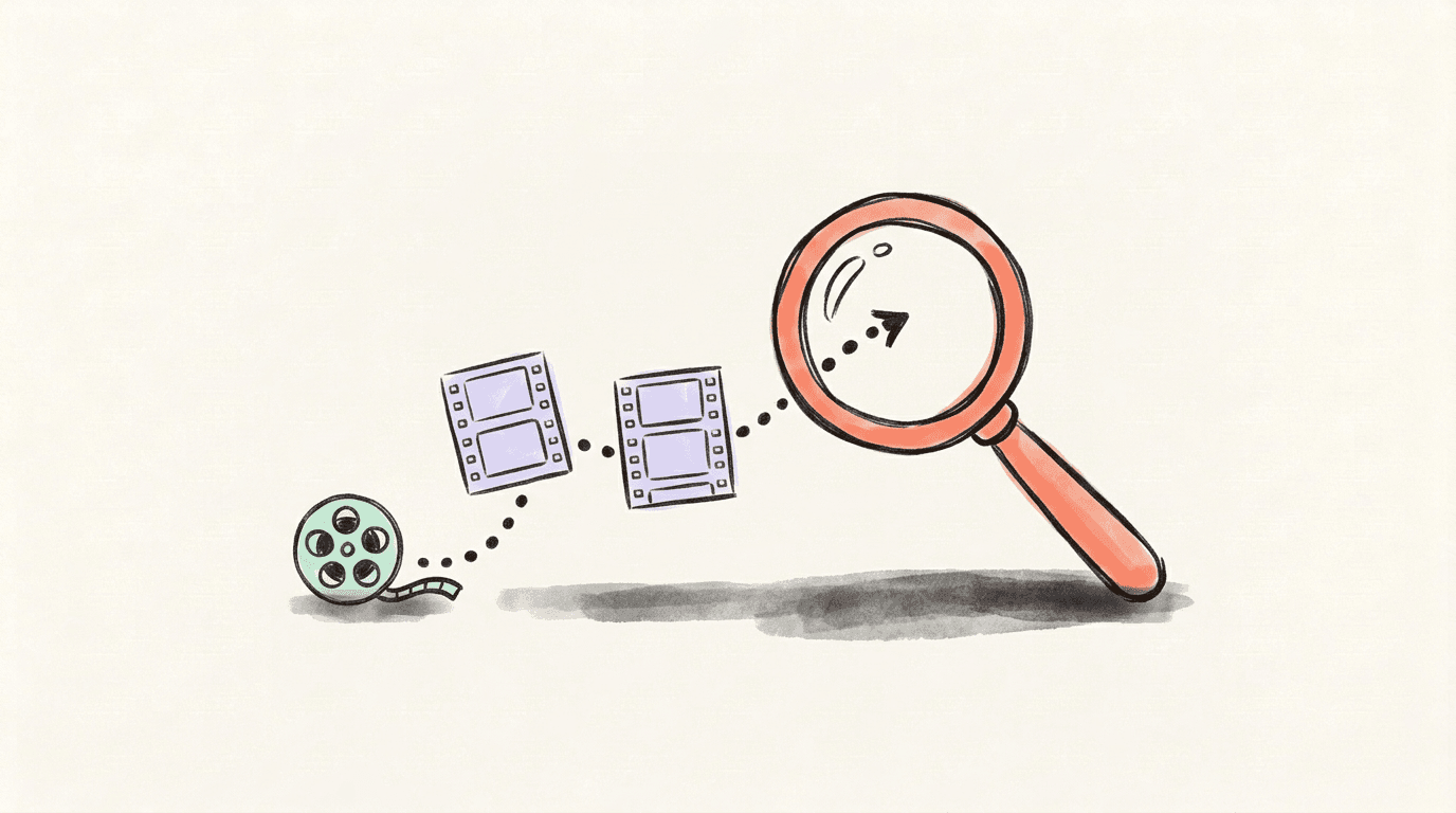 A dotted trail leading from a coral magnifying glass back past two lavender film frames to a small mint-green film reel