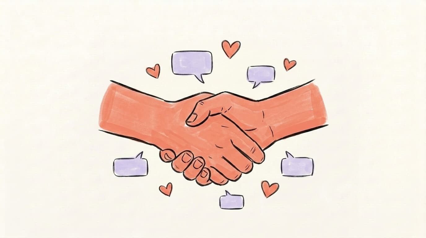 Hand-drawn illustration of two hands shaking with comment bubbles and hearts