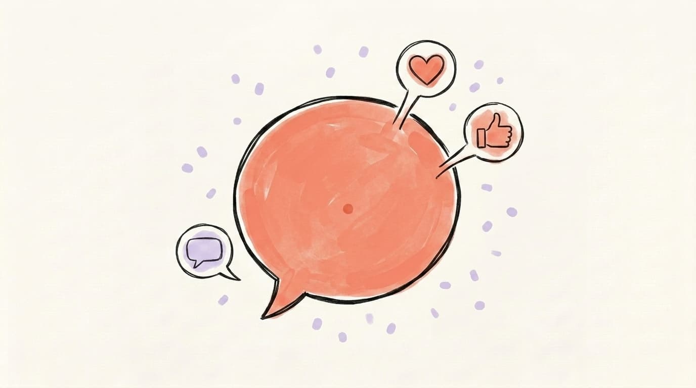 Hand-drawn illustration of a large speech bubble surrounded by floating reaction icons representing LinkedIn engagement
