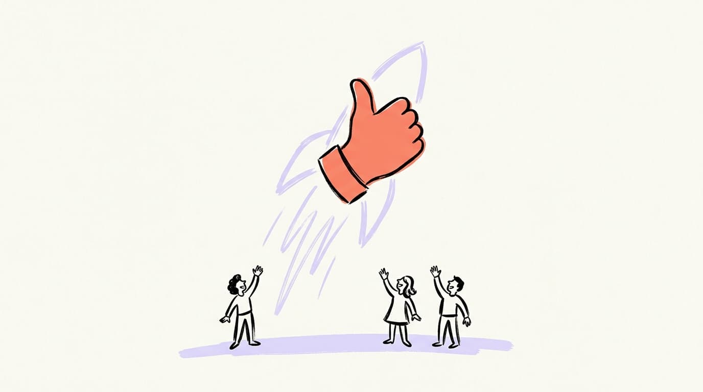 A hand-drawn thumbs-up rising like a rocket while three small people wave from below — a whimsical illustration of a Facebook page taking off