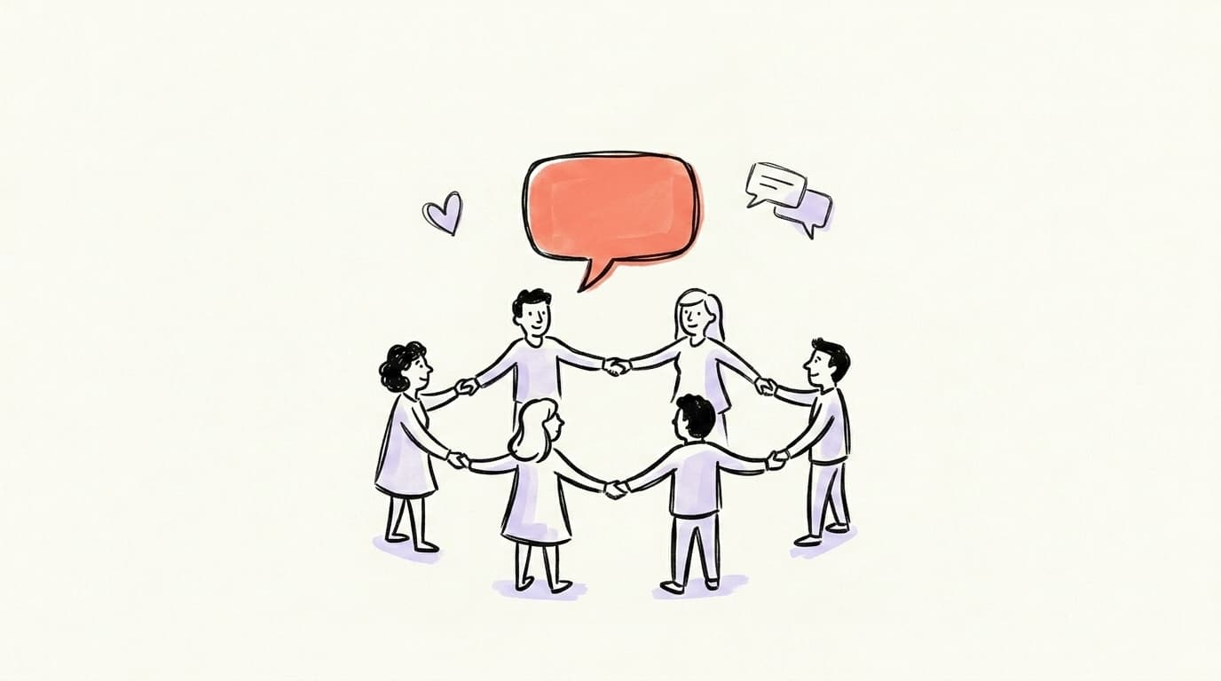 A circle of small people holding hands around a salmon-coral speech bubble — a visual metaphor for building a Facebook Group community
