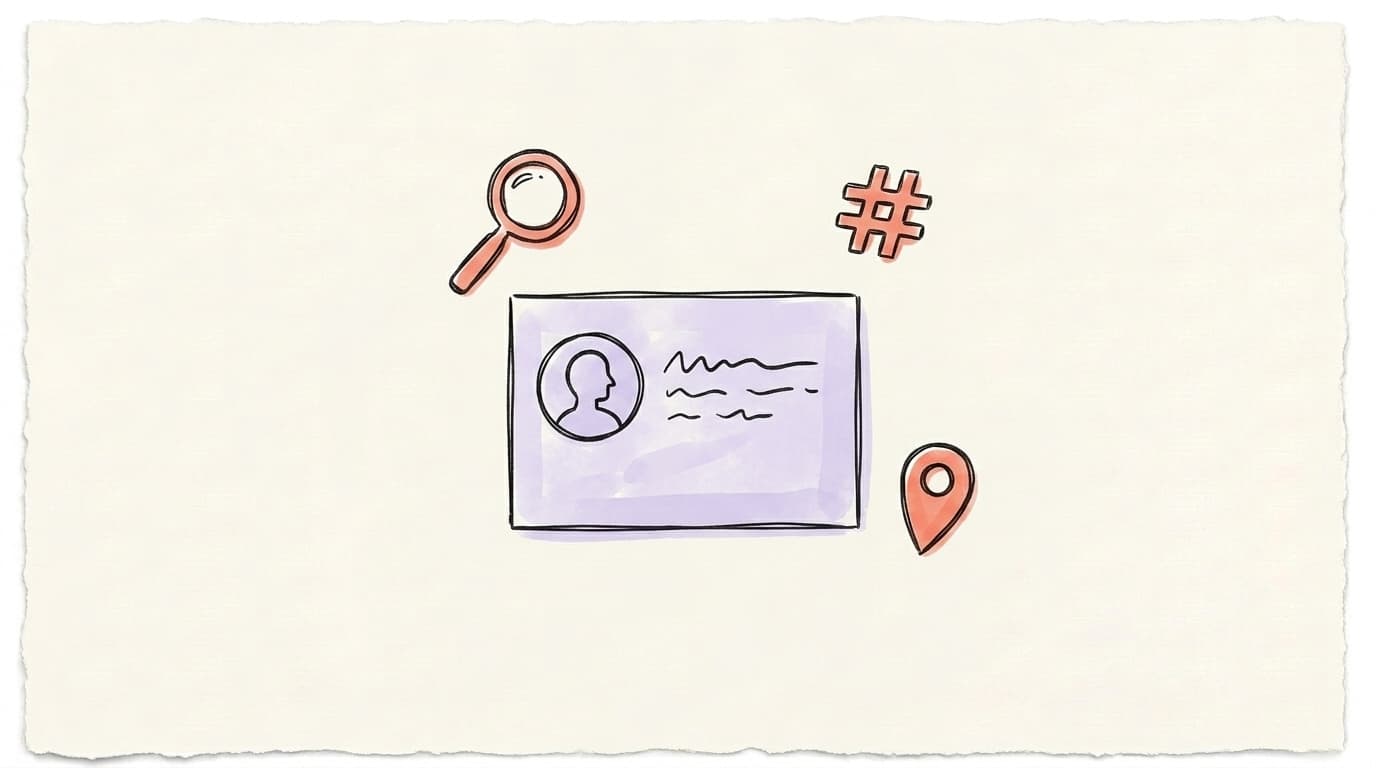 A simple page card surrounded by a magnifying glass, a hashtag, and a location pin — a visual cue for page optimization