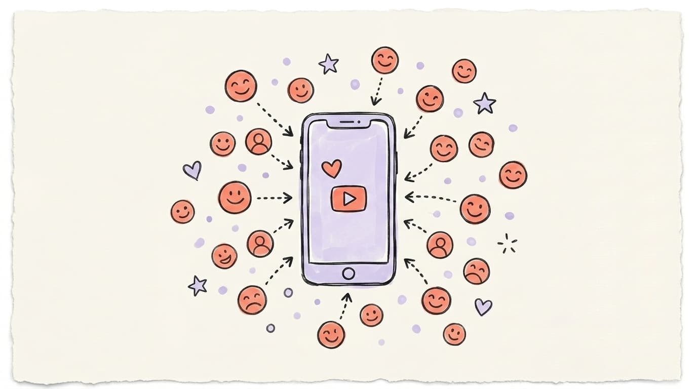 Hand-drawn illustration of a smartphone with hearts and small follower avatars floating toward it, representing Instagram follower growth