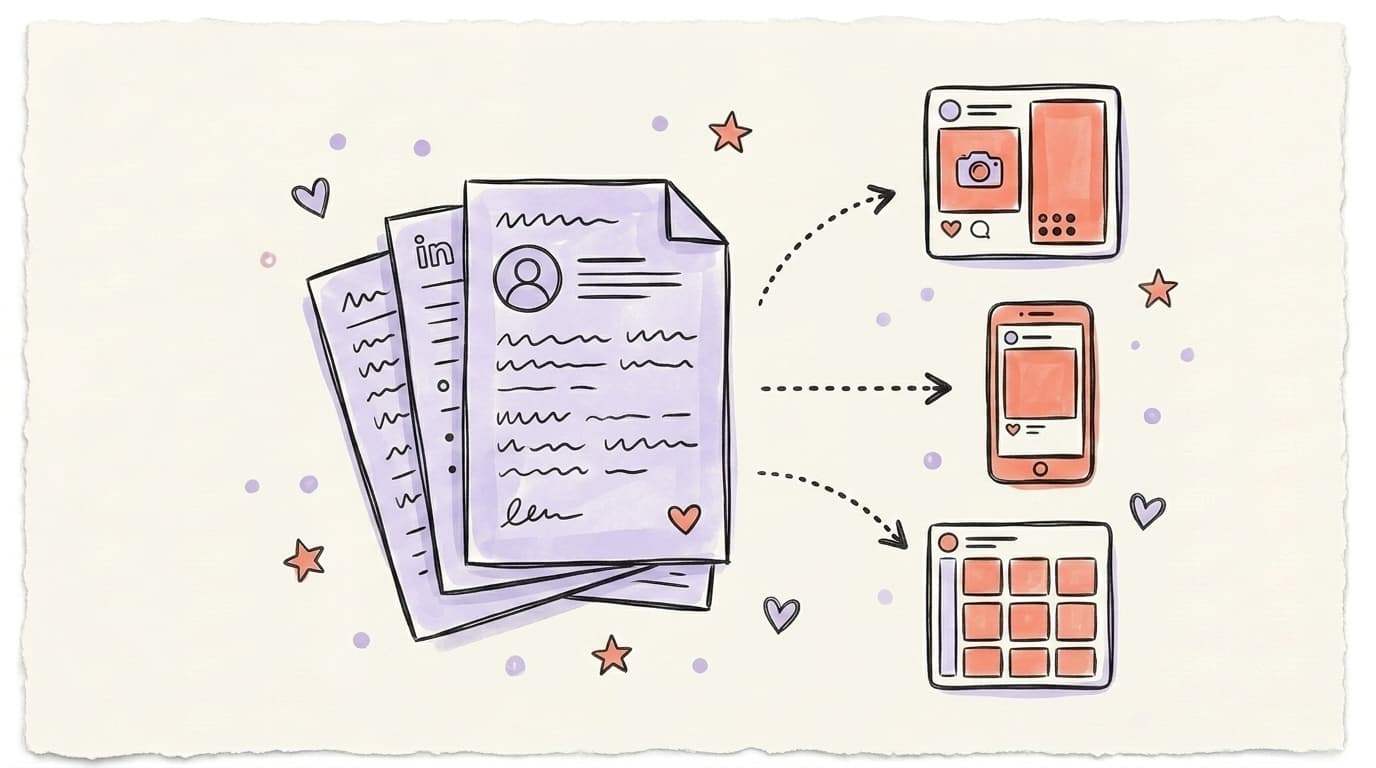Stack of LinkedIn and X documents with arrows pointing to three Instagram-style UI panels