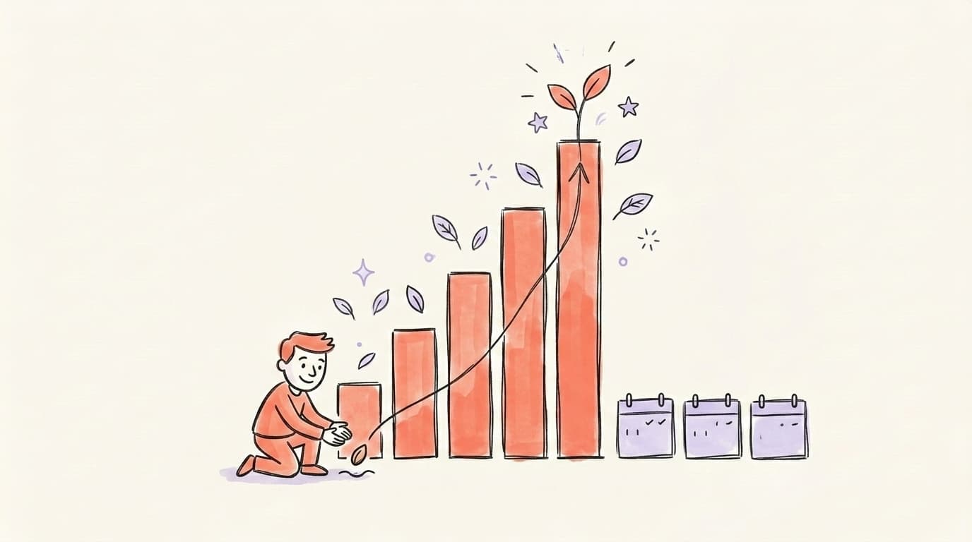 A small character plants a seed that grows into a tall bar chart next to three calendar squares