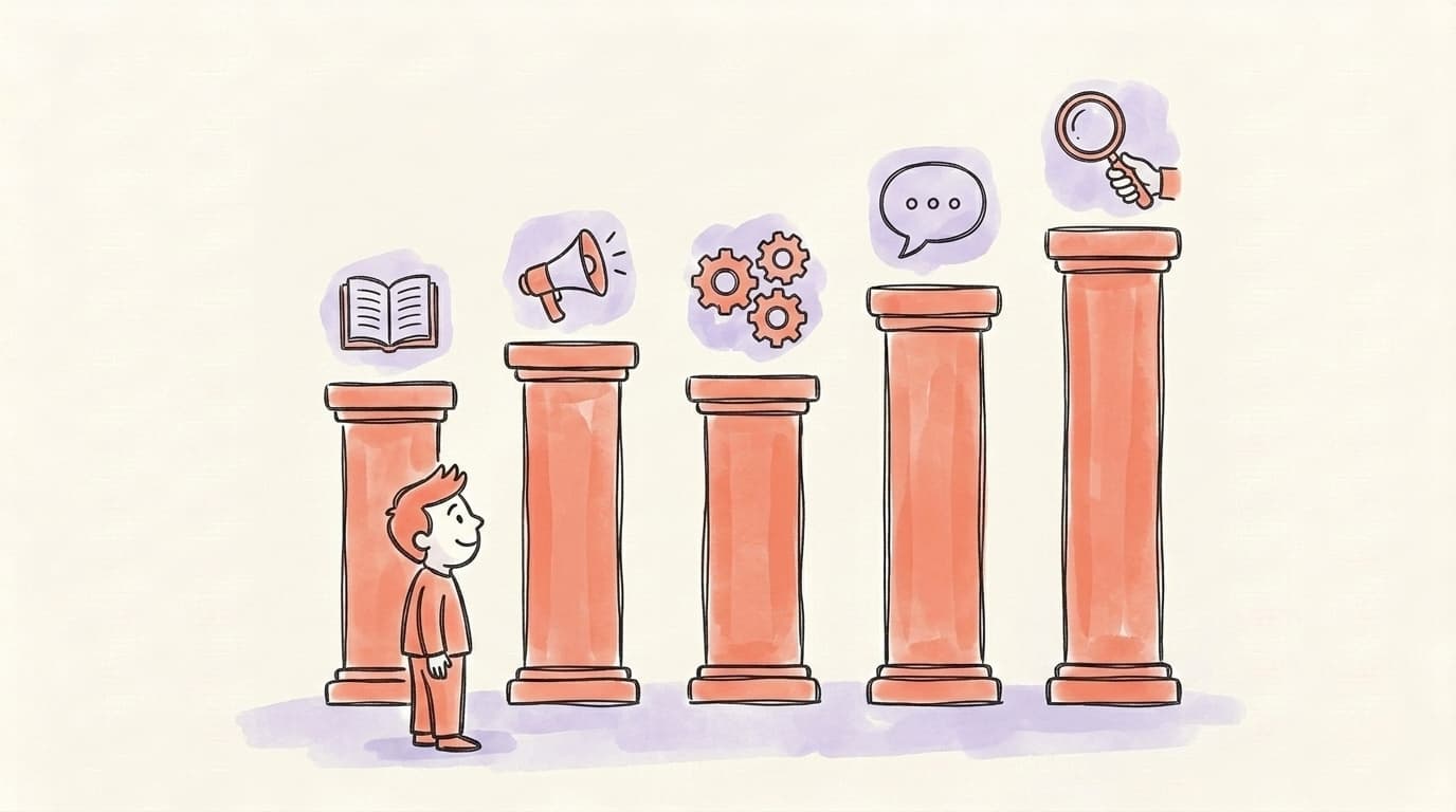 Five hand-drawn pillars topped with icons for teach, opinion, behind-the-scenes, stories, and curate content pillars