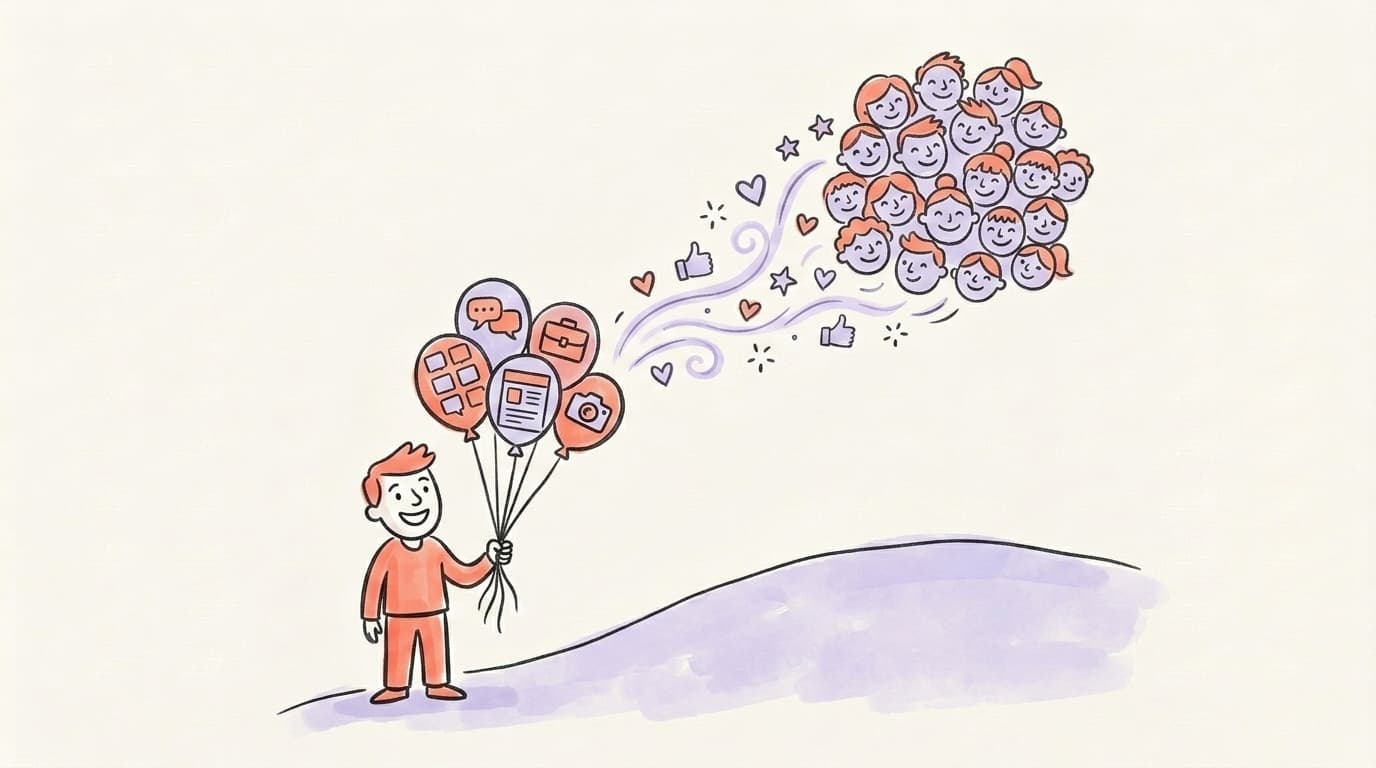 A creator holding balloons that float up and turn into a crowd of followers