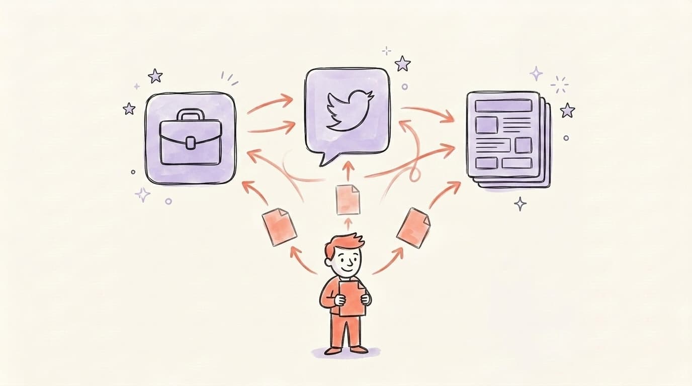 A creator in the middle sending content pages to three platforms connected by curved arrows