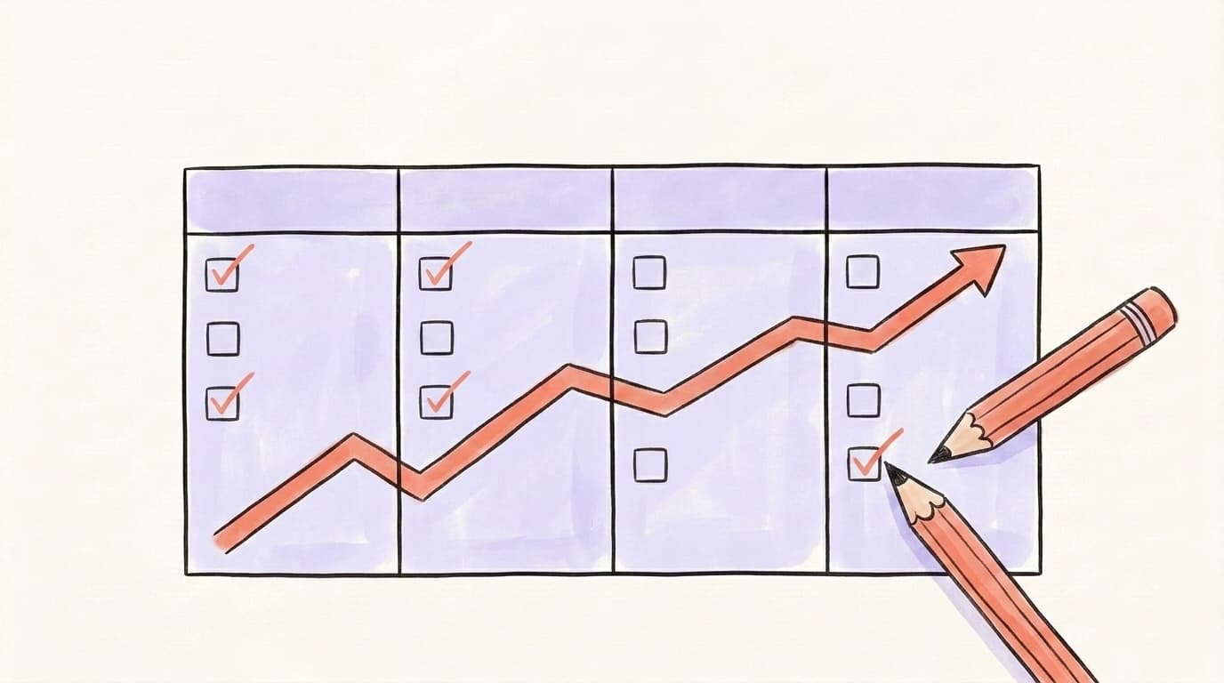 Hand-drawn illustration of a weekly planner grid with checkmarks and a rising arrow showing growth progress