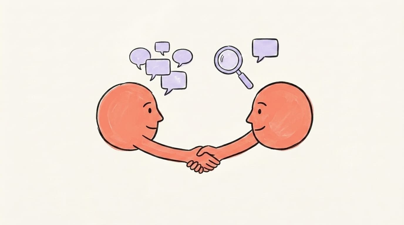 Hand-drawn illustration of two profiles reaching out and shaking hands with speech bubbles and a magnifying glass above