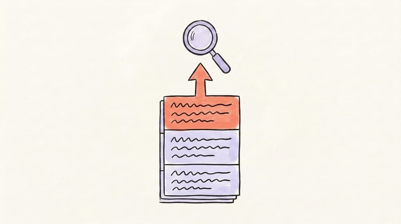 Hand-drawn illustration of a stack of content cards with an arrow pointing up to a magnifying glass, representing content discovery
