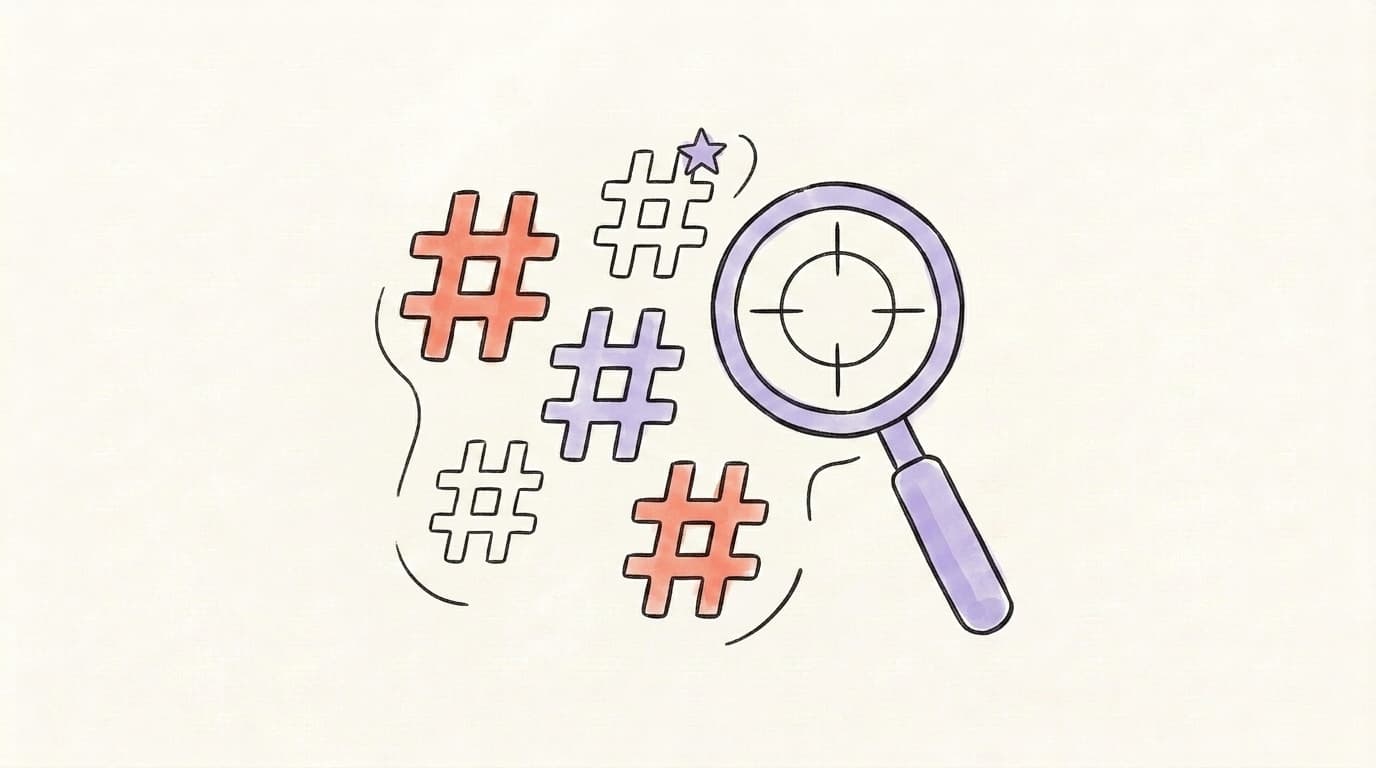 Hand-drawn illustration of hashtag symbols clustered next to a magnifying glass with a target reticle, representing hashtag discovery