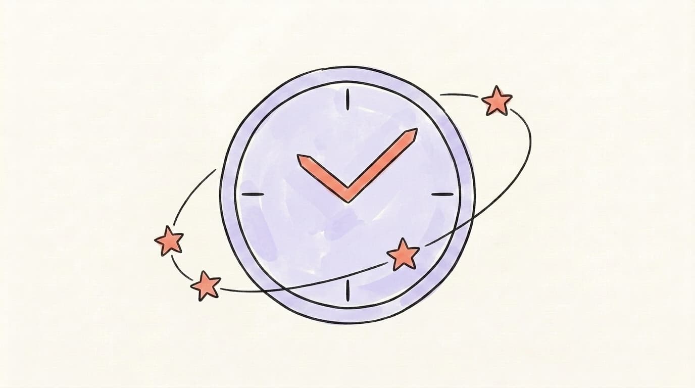 Hand-drawn illustration of a clock with small stars orbiting it, representing posting frequency and consistency