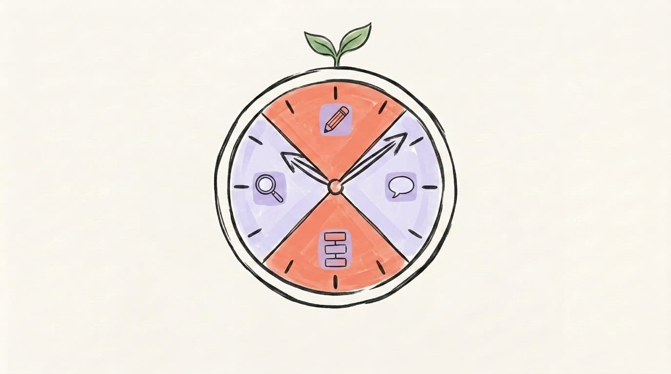 A hand-drawn circular clock divided into four wedges with icons for writing, replying, planning, and reviewing — representing a daily Twitter operating rhythm