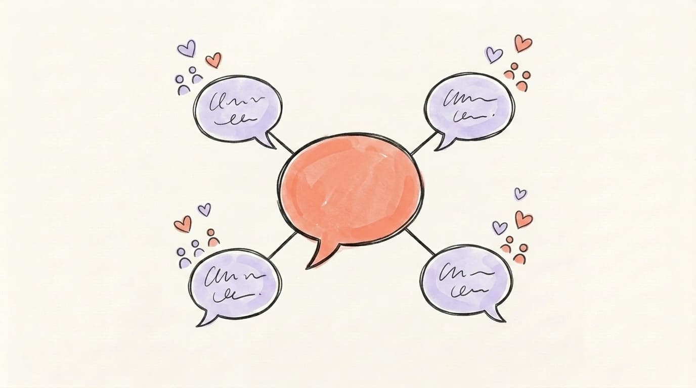A central speech bubble surrounded by four orbiting reply bubbles connected by ink lines, with hearts and follower icons rising — representing replies as a growth web