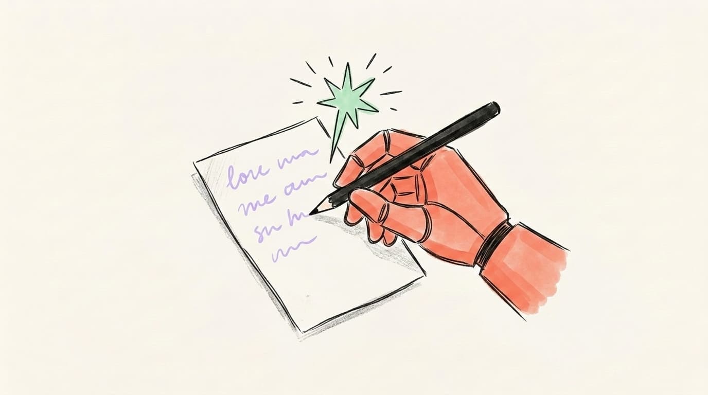 Hand-drawn salmon-coral hand holding a pencil, sketching wavy lavender text onto a page