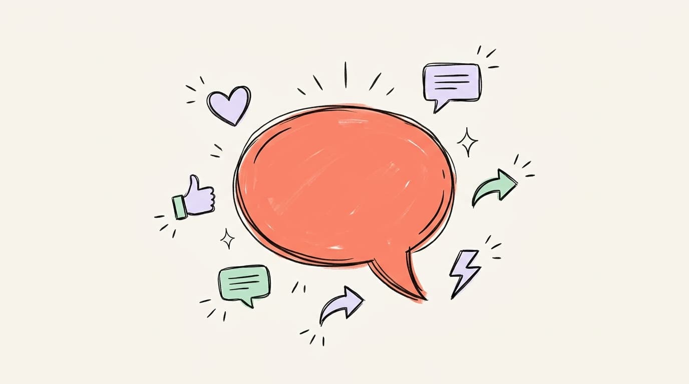 Hand-drawn speech bubble surrounded by likes, hearts, comments, and share icons