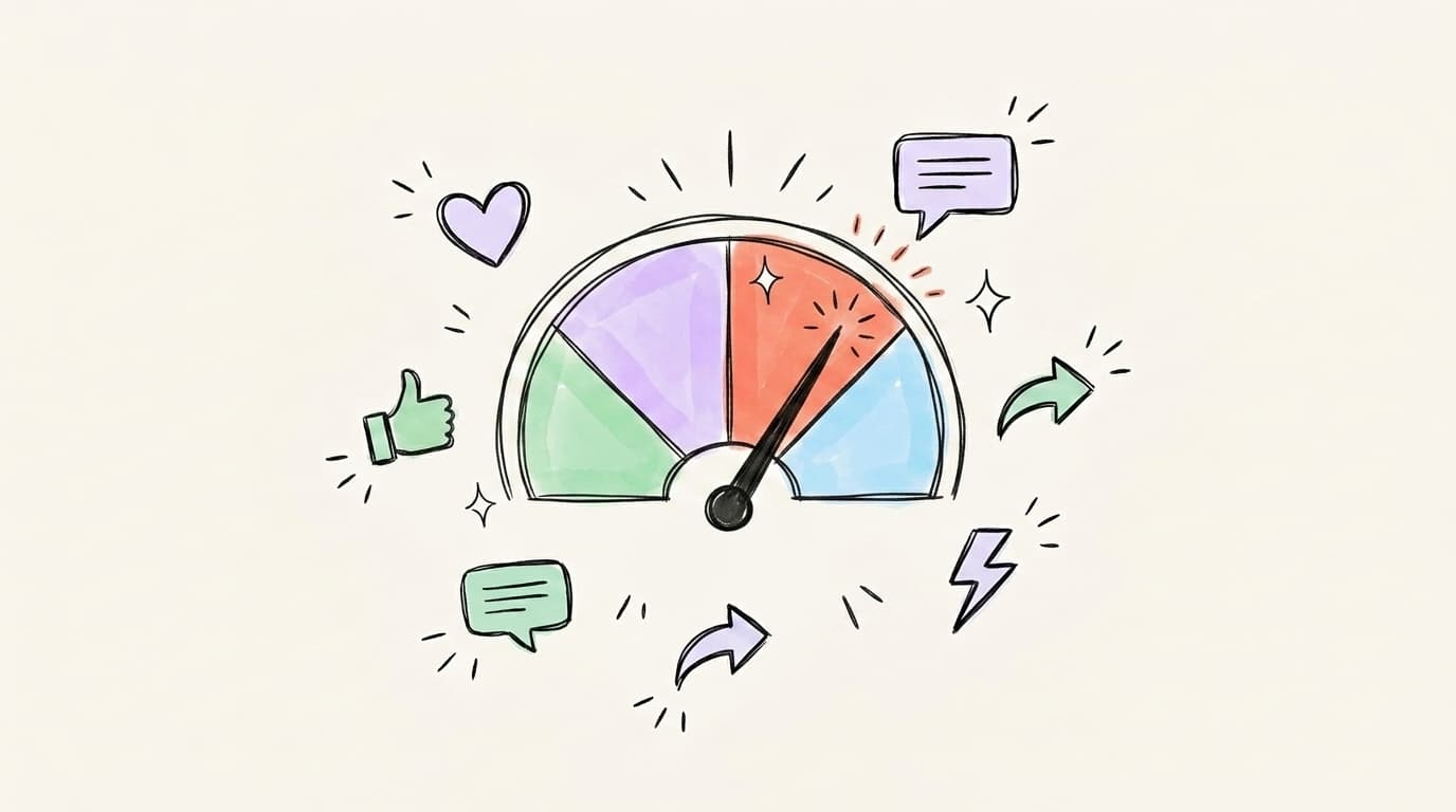 Hand-drawn engagement gauge with a needle pointing into a salmon-coral zone, surrounded by reaction icons