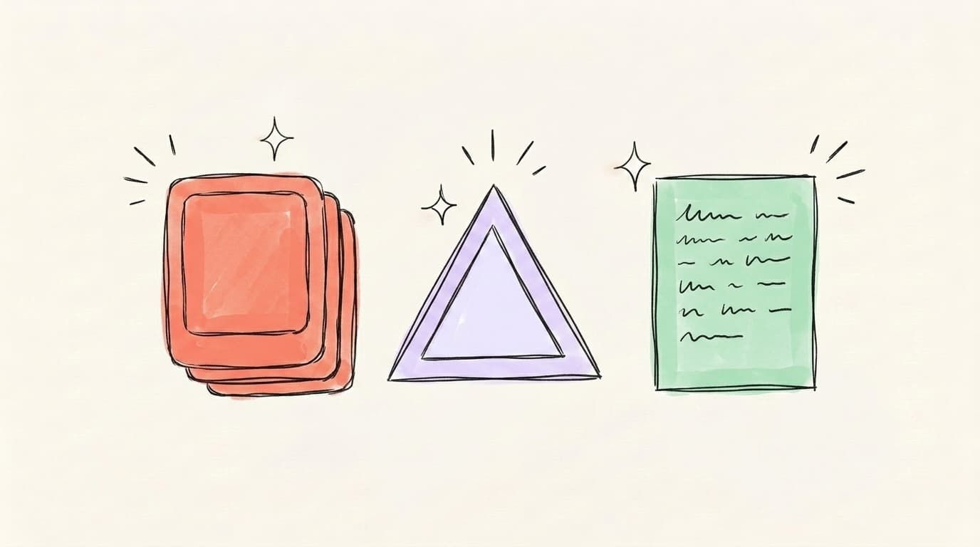 Three hand-drawn format cards — a salmon carousel stack, a lavender video play triangle, and a mint-green text document