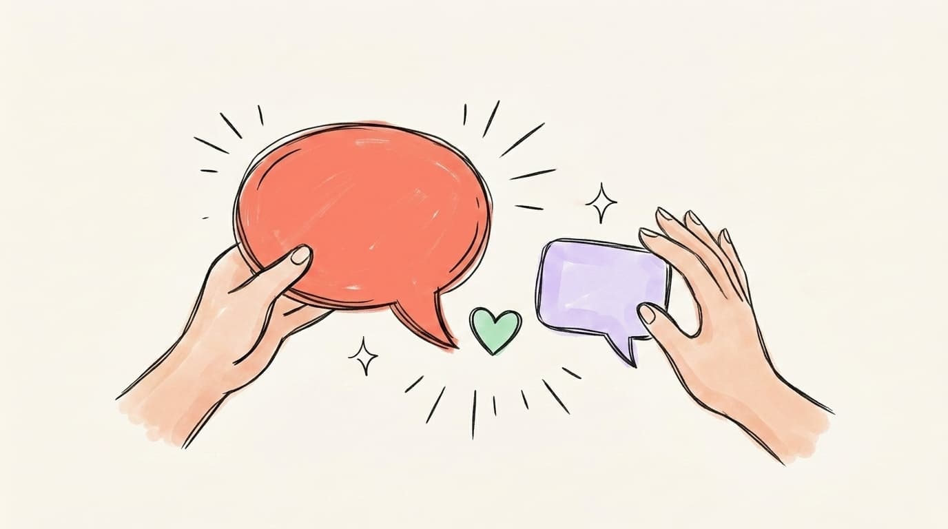 Two hands reaching across the frame, one holding a salmon speech bubble, the other holding a lavender reply bubble