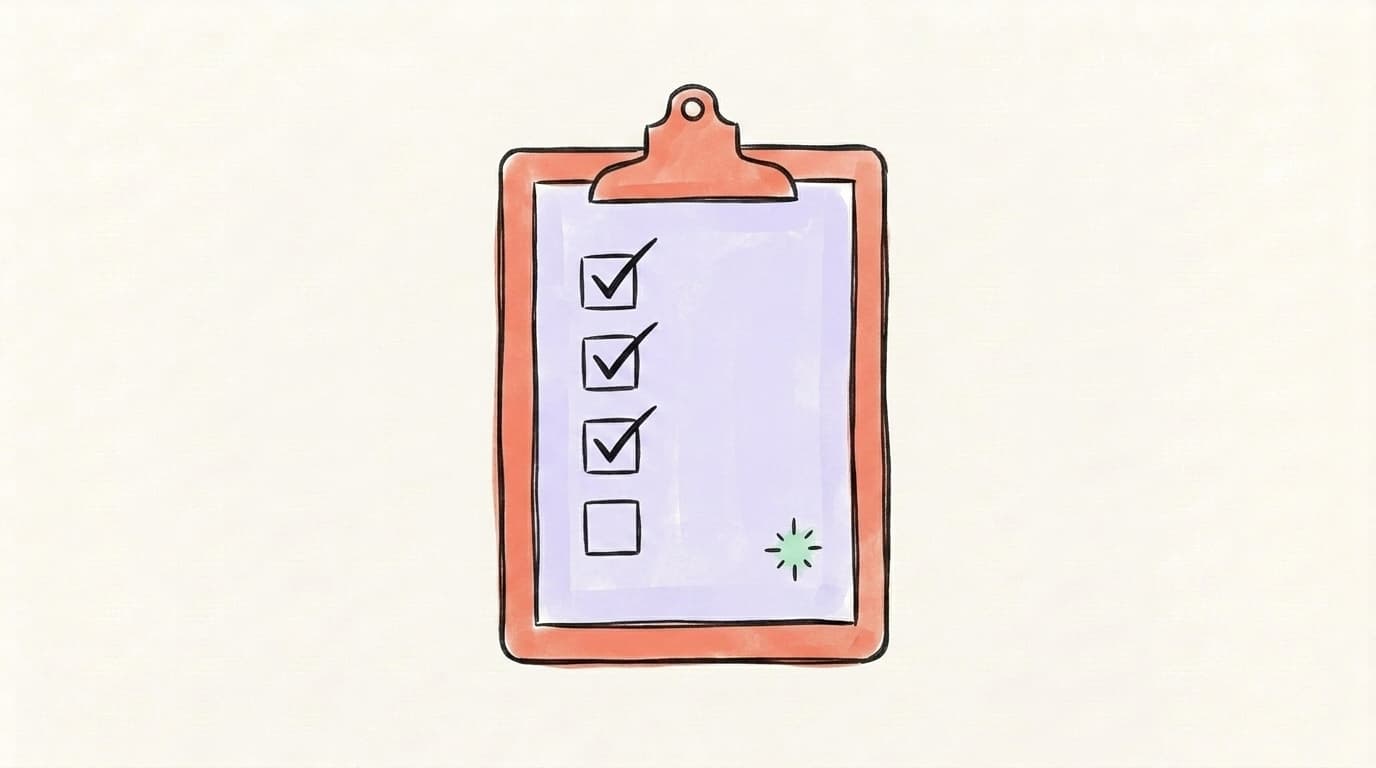 A checklist on a clipboard with three checked items and one unchecked