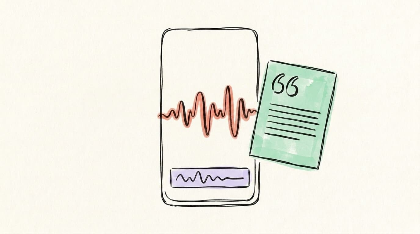 A hand-drawn audiogram on a phone screen paired with a pulled quote card, waveform and quotation marks sketched in brush-pen ink