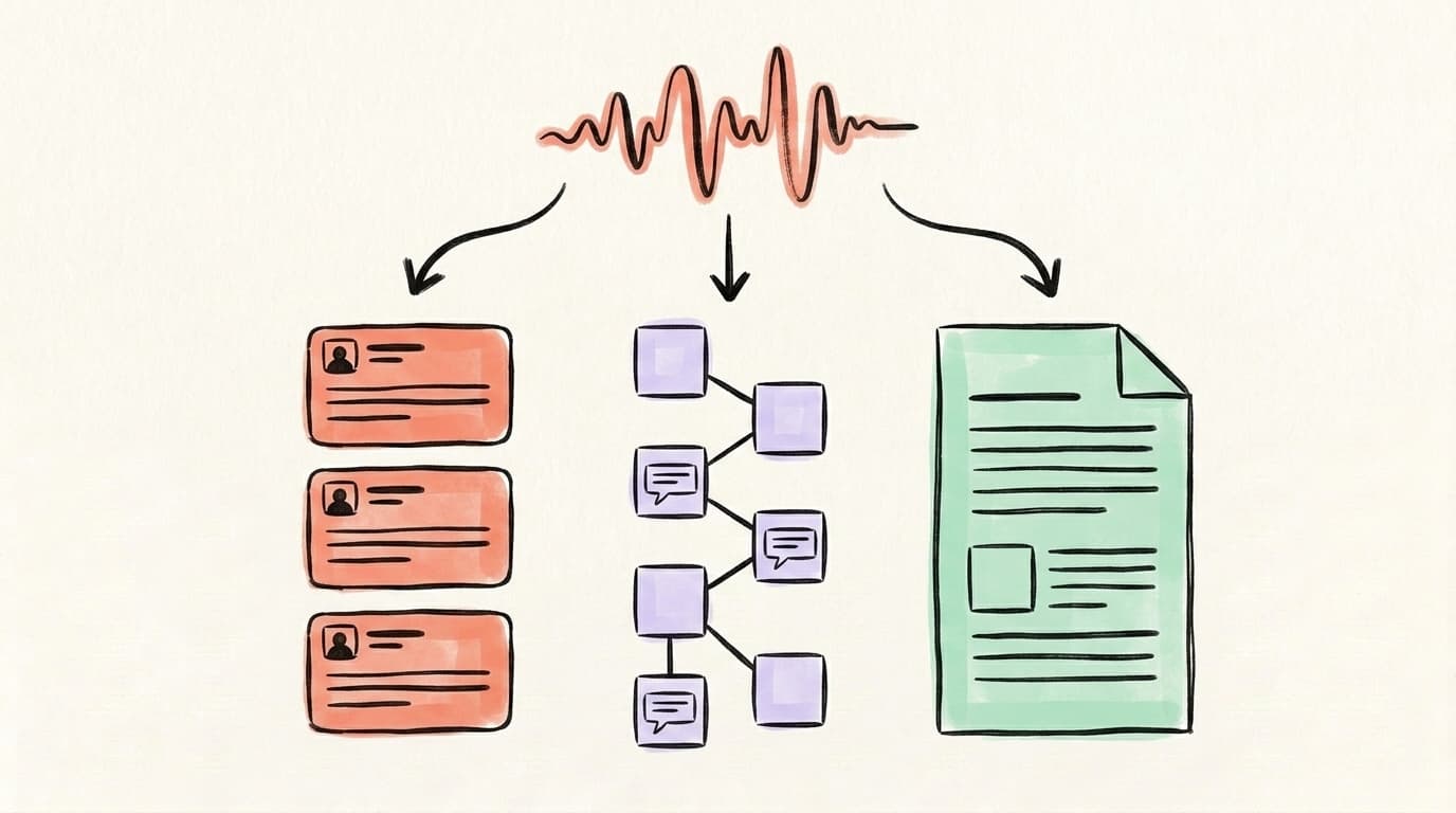 A podcast waveform fanning out into LinkedIn posts, a tweet thread, and a blog article