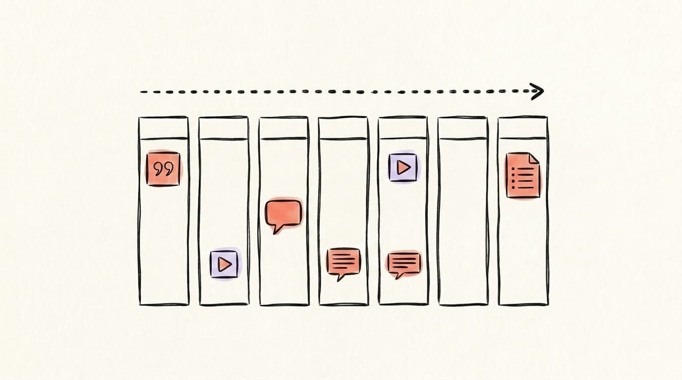 A weekly calendar sketched with quote card, clip, post, and document icons spread across the days