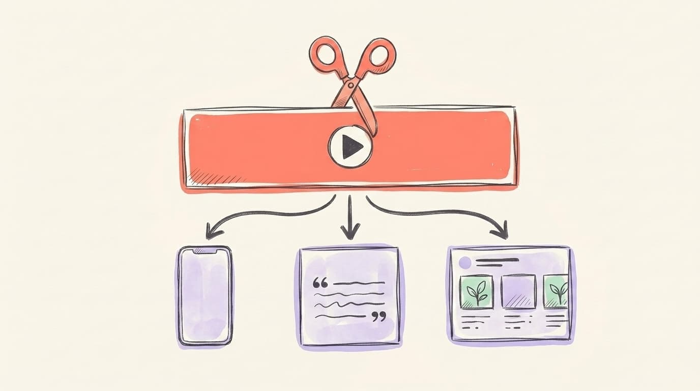 A long video being cut into a short clip, a quote card, and a carousel