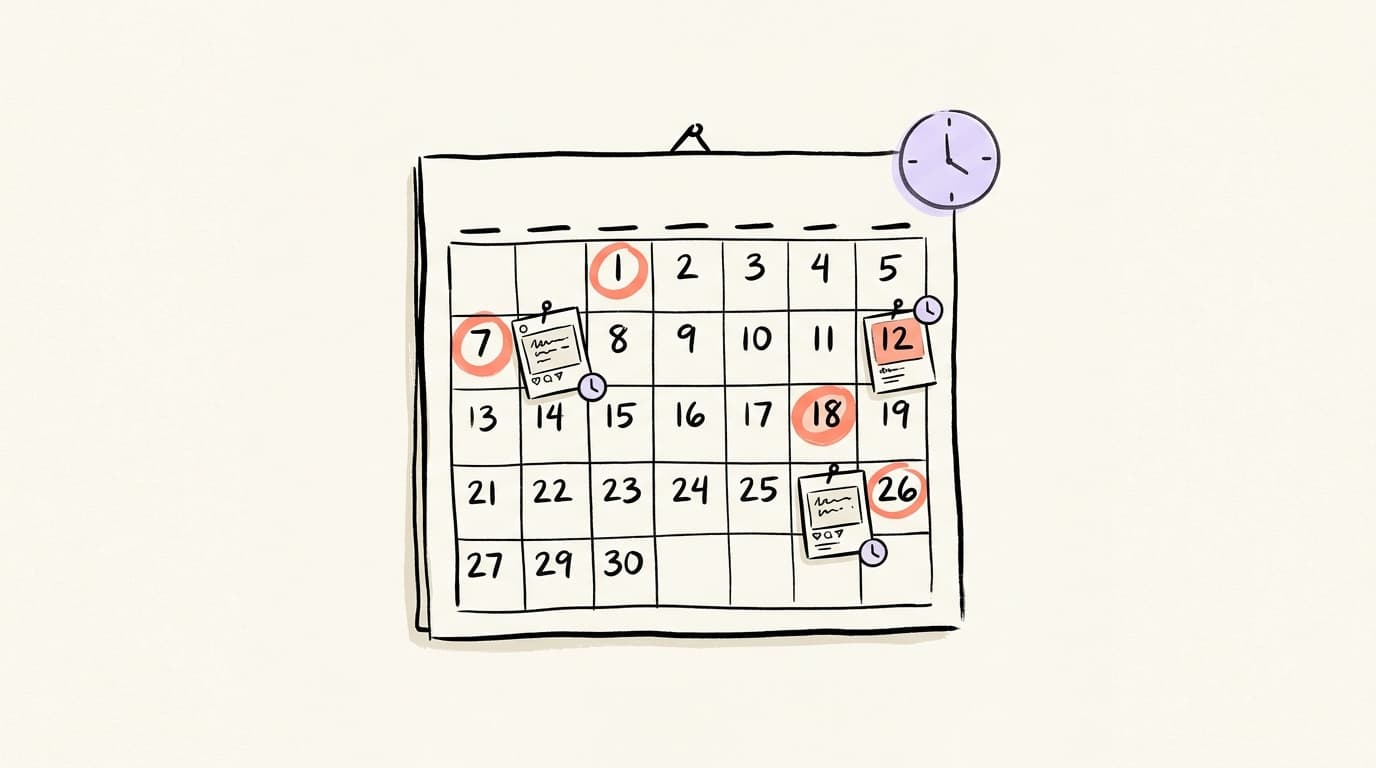 A hand-drawn wall calendar with scheduled social post cards pinned to circled dates and a small clock indicating scheduling time