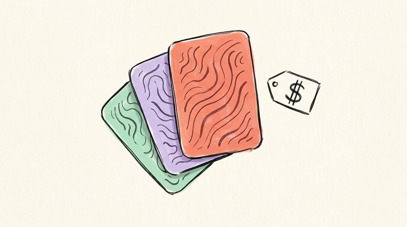 A fanned stack of three hand-drawn scheduler tool cards in salmon, lavender, and mint colors next to a price tag